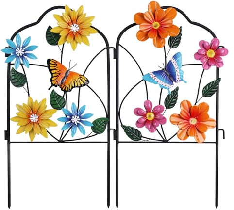 hogardeck Gartendekoration für den Außenbereich, Set mit 2 Metallzaun, dekorative Gartenpfähle mit Blumen für Frühlingsdekoration, Hofschilder für den Außenbereich, Terrasse, Rasen, Hinterhof,