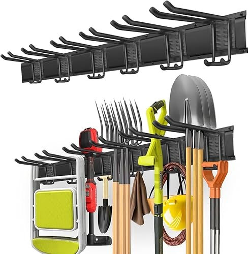basohallrd Wall-Mounted Garage Tool Organizer with 48-Inch Rails and 6 Double-Layer Hooks, Heavy-Duty Garden Tool Rack for Yard Tools, Shovels, and Shed Storage, Garage Hanging Storage Solution