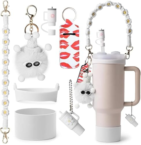 TTPSRY 7 Stück Flauschiger Pompon Anhänger Wasserflasche Zubehör Set Blumen Tragegurt Silikonhülle Trinkflasche Dekoration