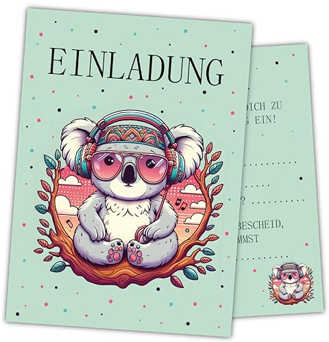 Damalia | 12 Einladungskarten | Kindergeburtstag | Mädchen | Junge | Koala Kopfhörer | Bunt | Kinderparty | DIN A6 | Einladung | Geburtstag | klein und groß | KoalaKopfhörer001