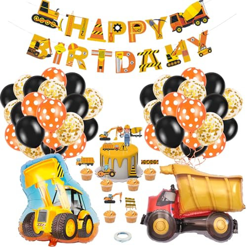 Bagger Deko Kindergeburtstag,Bagger Geburtstag Deko,Baustellen Geburtstagdeko,Bagger Baustelle Partygeschirr Kindergeburtstag,Baustelle Luftballons Geburtstag mit Happy Birthday Banner