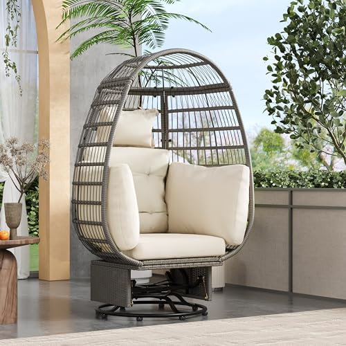 BTYJLEBE Hängesessel Outdoor Wetterfest Schaukelsessel Rattansessel 360°Drehsessel Papasansessel Gartensessel Hängekorb mit Gestell und Sitzkissen für Garten Balkon Outdoor bis 160 kg Belastbar