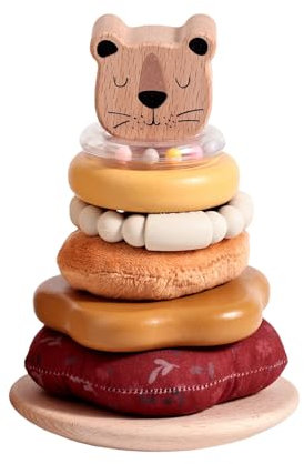 Stapelbecher Spielzeug, Stapelturm mit 8-lagiger Löwe aus Holz und Plüsch Toy Für Babys & Kleinkinder, Beißring-Armband aus Silikon, Rasselring - Montessori Spielzeug Baby Geschenk für 6 12 18 Monate