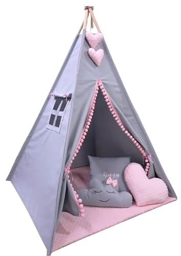 Spielzelt für Kinder - Stabiles Tipi Zelt mit Weicher Matte und 3 Kissen - Baumwolle Kinderzelt - Indoor & Outdoor Spielhaus - Zelt für Mädchen & Jungen