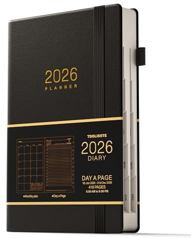 TDOLISSTE - Akademischer Terminplaner 2026, Tagesplaner A5 (365 Seiten Tagesplan und 24 Seiten Monatsplan), Stiftschlaufe und Innentasche, Gummibandverschluss, Hardcover (schwarz)
