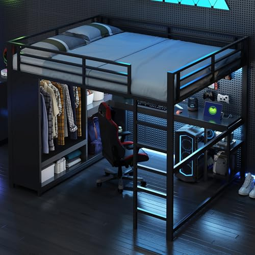 WIZBED Hochbett 160x200, Kinderbett mit LED & Schreibtisch & offenem Kleiderschrank, Jugendbett mit Regalen, Metallbett, Etagenbett Stockbett, Bettgestell, Ohne Matratze, Schwarz