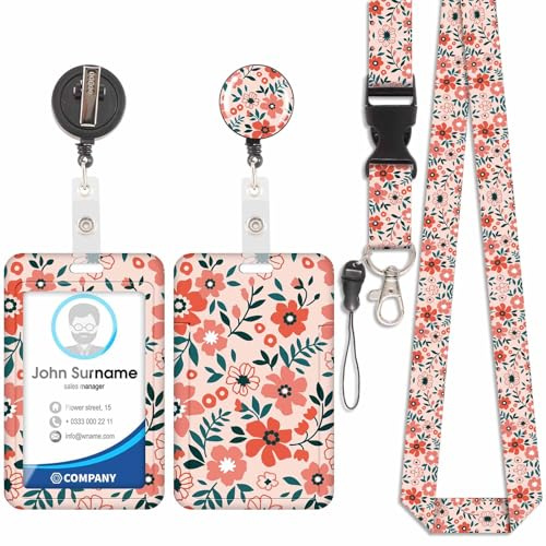 Porte Badge avec Cordon Tour De Cou avec Porte-Cartes, Porte Cartes avec Enrouleurs de Badge Rétractable, Détachable Lanyard, Swivel Lobster Clasp, pour porte badges d'Identification (Fleur-2)