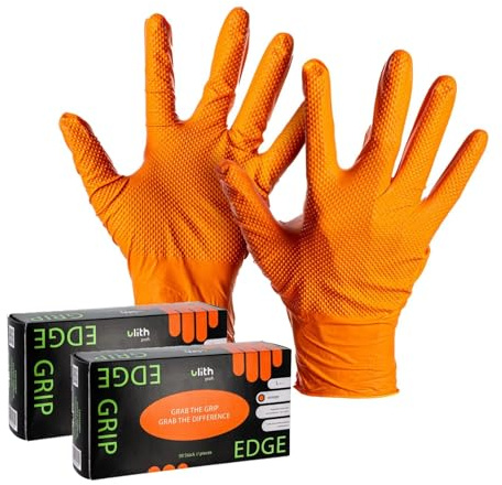 ARLI Edge Grip Nitril Einweghandschuhe Größe L orange 8,5 g Diamantstruktur puderfrei Arbeitshandschuhe Werkstatt Industrie Montage Automotive Handschuhe (100 Stück)