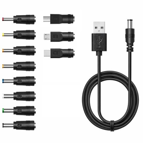Câble D'alimentation Usb Vers Dc 5v, 1m DC Barrel Jack 10 Embouts Interchangeables (5,5x2,1mm + Micro Usb, Type-C, Mini Usb, 2.5x0.7, 3.0x1.1, 3.5x1.35, 4.0x1.35/1.7, 4.8x1.7, 5.5x2.5) Câble Universel