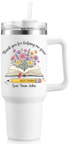 EKAM Personalised Teacher Gift 40oz Stainless Steel Tumbler with Handle & Straw – Custom Name Teacher Appreciation Cup, Thank You for Helping Me Grow Travel Mug, End of School Year Teacher Present
