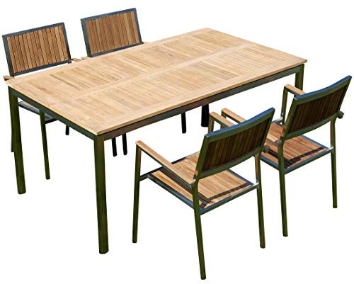 ALEOS. Gartengarnitur Edelstahl Teak Set Tisch 160x90 cm + 4 Teak Sessel A-Grade Teak Holz Serie Kuba Gastroqualität