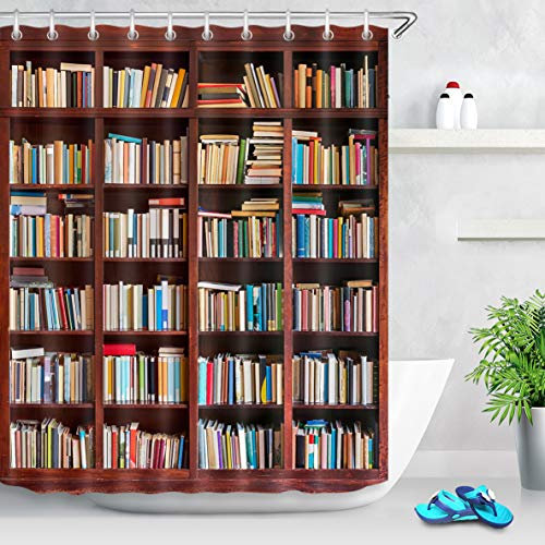 LB Bibliothek Bücherregal Duschvorhang Studie Bücherregal mit Bücher Curtians für Badezimmer Wohnaccessoires Set mit 12 Haken wasserdichte Anti-Schimmel Polyestergewebe 150x180CM
