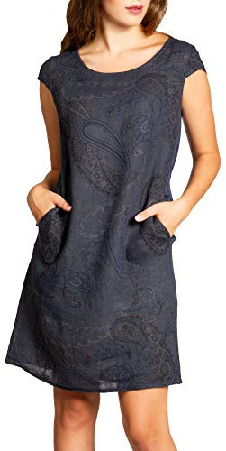 Caspar SKL022 Damen Sommer Leinenkleid mit Paisley Print bis Größe 50, Farbe:dunkelblau, Größe:XXL - DE44 UK16 IT48 ES46 US14