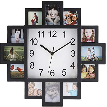 2 in 1 Plastic Wall Clock + Photo Frame Black Modern Home Decor Living Room Decoration Surrounded by Several Photos