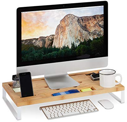 Relaxdays, 9 x 60 x 30 cm Soporte Monitor y Portátil para Escritorio, Madera de Bambú y Hierro, Blanco