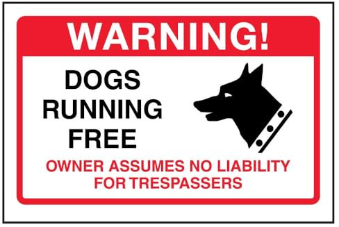 V Safety Dogs Running Free, Owner No Liabilty Sign - 150mm x 100mm - 1mm Rigid Plastic