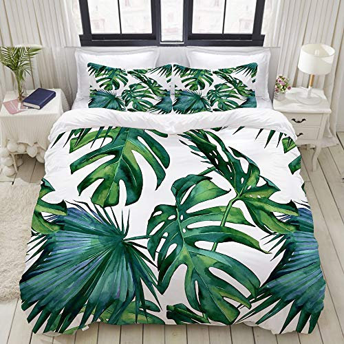 SnowXXL Bettwäsche-Set, Mikrofaser,Palm Monstera Nahtloses Muster. Grüner weißer tropischer Sommer-Hintergrund,1 Bettbezug 135 x 200cm + 2 Kopfkissenbezug 80x80cm