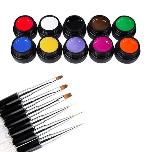 10 colores gel esmalte painting pinturas para uñas 3D Nail Art Diseño de uñas con set de manicura 6 pinceles para pinturas dibujos rayas líneas de uñas