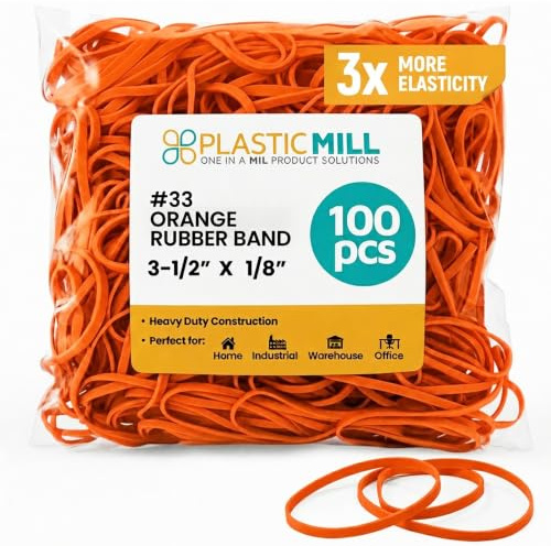 PlasticMill Rubber Bands - #33 Size - Orange Rubberbands - 100 Count. | Colored Rubber Bands, Size 33, Orange, 100-Pack, Office and Home Use, Sorting, Bundling and Organizing Supplies