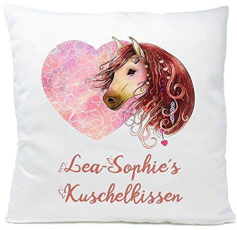 Kissen Pferd braun Herz mit Namen Widmung 40x40 cm inkl. Füllung Kuschelkissen Geschenk, Kissen Farbe:Vorderseite + RS weiß strukturierte Oberfläche