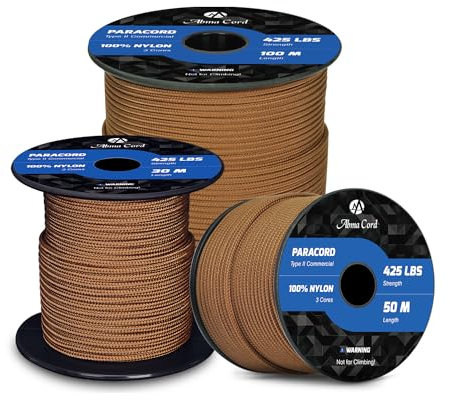 Abma Cord Paracord 3mm 50M 100% Nylon Seil Paracord 425 Typ II Schnur mit 3 Kern für Basteln, Camping, Survival - Max. 192kg (425lbs) - Braun