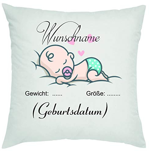 Crealuxe Kissen zur Geburt mit Wunschnamen Zierkissen, Sofakissen, bedrucktes Kissen, Bauwollkissen