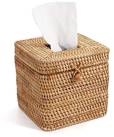 Kosmetiktücherbox aus Rattan, Dekorativer Gewebter Kosmetiktuchhalter, Taschentuchspender für Bad/Küche/Büro, 14,5 x 14,5 x 12,7 cm