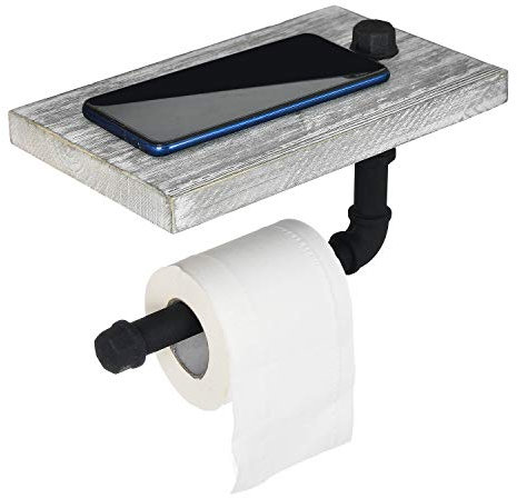 VERGOODR Support mural mural pour tuyau de fer et papier toilette en bois avec étagère en bois pour téléphone de salle de bain cuisine (gris)