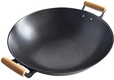 Wok, Cast Iron Wok(42cm/44cm/46cm/48cm), Round Bottom, Large Size, Binaural Wooden Handle, Multi-purpose (Size : 42 * 12CM)