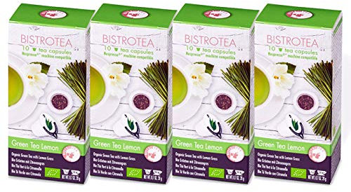 BISTROTEA Teekapseln 6 Sorten 4er Pack, 4 x 10 Kapseln, NespressoMaschinen kompatibel, Kapseln biologisch abbaubar (Grüntee BIO Zitronengras)