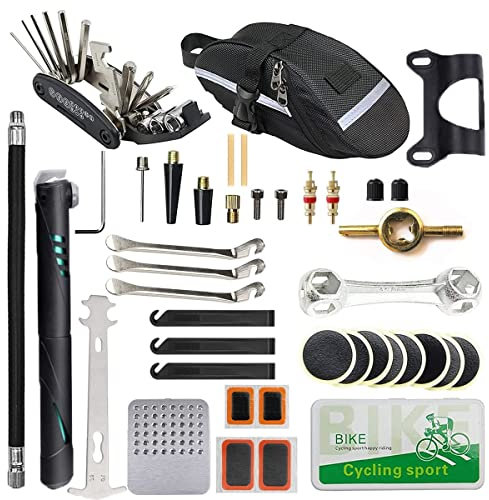 EDIONS Kit de réparation de vélo - Portable - Patches fixes - Avec sac de réparation et pompe de pneu de vélo pour VTT et vélo de route - Camping - Sac à outils (Mini pompe: bleu)