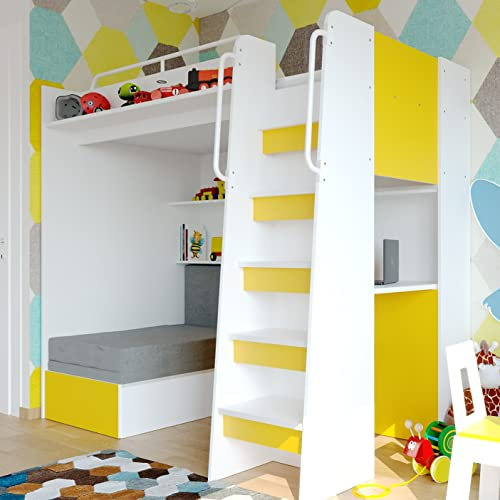Marlux-Meble Hochbett JSM-7 90x200 TREPPE RECHTS mit Schreibtisch Schränke und Ausklappbares Sofa 70x180 Matt Funktionsbett Etagenbett Stockbett Kinderhochbett Jugendhochbett (Gelb Matt)