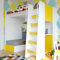 Marlux-Meble Hochbett JSM-7 90x200 TREPPE RECHTS mit Schreibtisch Schränke und Ausklappbares Sofa 70x180 Matt Funktionsbett Etagenbett Stockbett Kinderhochbett Jugendhochbett (Gelb Matt)