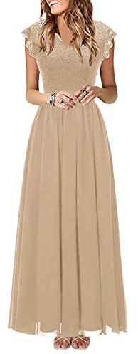 Onsoyours Robe de Cocktail Femme Longue Robes Soirée en Dentelle Mousseline de Soie Robes Chic Elégant sans Manches Sexy Robe Asymétrique C Kaki XS