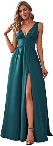 Ever-Pretty Robe Femme Mariage Invité Longue Fendue Col V Mousseline de Soie sans Manche A Line Chic Bleu Sarcelle 40