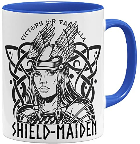 OM3® Wikinger Shield Maiden Kaffee-Tasse Kriegerin Schildmaid Valhalla or Die - Keramik Becher - 11oz 325ml - Beidseitig Bedruckt - Blau