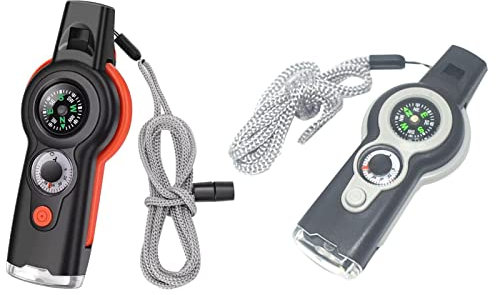 Anloximt 2 Stück Überlebenspfeife, Notpfeife, Notfall Pfeife Kompass/Thermometer/LED Taschenlampe/Lupe/Spiegel Mit Lanyard Sicherheit Kit, Camping Survival Werkzeug Für Camping Wandern