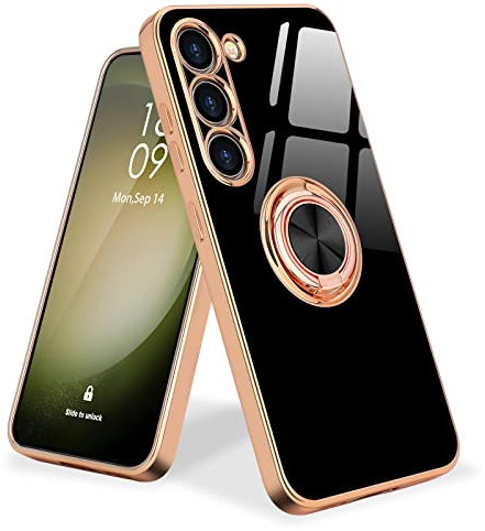 Urarssa Kompatibel mit Samsung Galaxy S23 Hülle, Galvanik Glänzend Handyhülle Weiche Mode Case mit 360 Grad Ring Ständer Schutzhülle, Stoßfest Samsung S23 5G Hülle, Schwarz