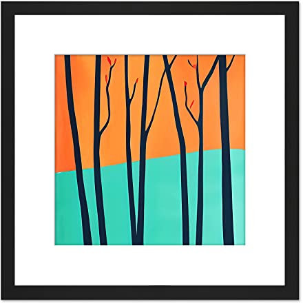 Wee Blue Coo Trees In Autumn Modern Landscape Turquoise Orange Illustration Square Wooden Framed Wall Art Print Picture 8X8 Inch