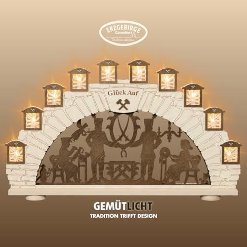 weigla - Schwibbogen original Erzgebirge I LED Lichterbogen Weihnachten I Motiv Erzgebirge I 10 Lampenkerzen + 1 Ersatzlampe I 10 x 23 V, 0,2 W, E10 I beleuchtete Weihnachtsdeko innen I aus Holz