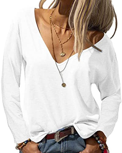 Tankaneo Damen Langarmshirt Mode Tiefer V-Ausschnitt Langarm Tops Solide Lässig Lose Basic Oberteil T-Shirt
