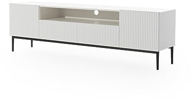 bogart TV Lowboard Nicole 200 cm mit 4 Klappen/Türen, offenes Fach, Griffloses Öffnungssystem, Schwarz Metallfüße, Fernsehtisch, Sideboard, Fernsehschrank, TV Tisch, TV Schrank, TV Bank