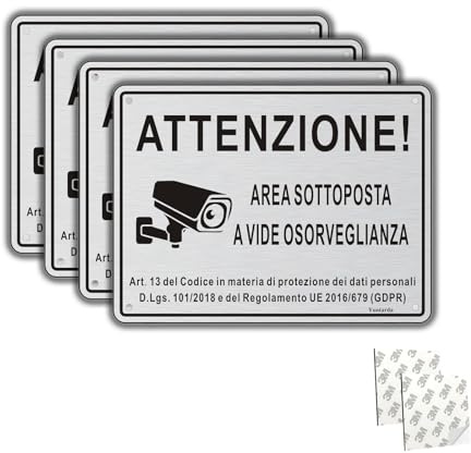 Cartello Area Videosorvegliata Alluminio con Avviso GDPR, 4 Pezzi 15x20cm Cartello Videosorveglianza con Adesivo e Fori Preforati, Cartello Telecamera Metallo per Casa e Negozio, Interno ed Esterno