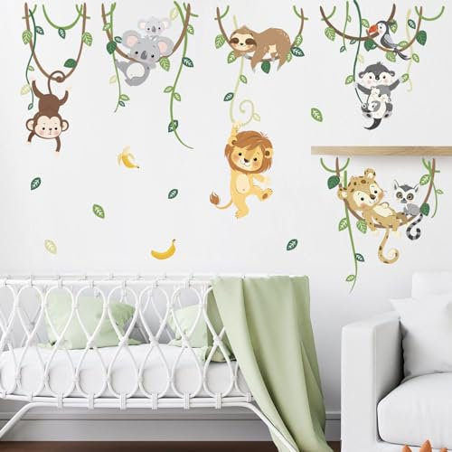 decalmile Wandtattoo Dschungel Tiere Reben Wandsticker Tiere Löwe Affe Koala Wandsticker Kinderzimmer Babyzimmer Schlafzimmer Wanddeko