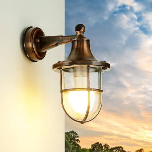 Licht-Erlebnisse Außenlampe Kupfer Antik, Außenleuchte Messing, Maritime Wandlampe Außen, Balkon, Terrasse, IP64, B:14 cm, E27, Schiffslaterne, Gartenlampe Rustikal