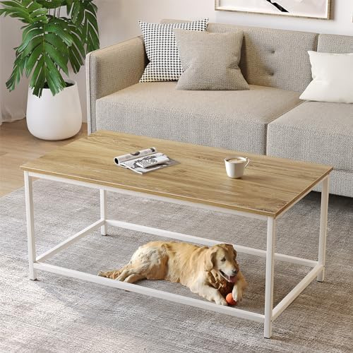 SAYGOER Couchtisch，Moderner Wohnzimmertisch mit Offenem Design, Minimalistischer Rechteckiger Sofatisch für Büro, Balkon oder Retro-Wohnzimmer, 100x50x45 cm,Einfach zu Montieren,Eichenweiß