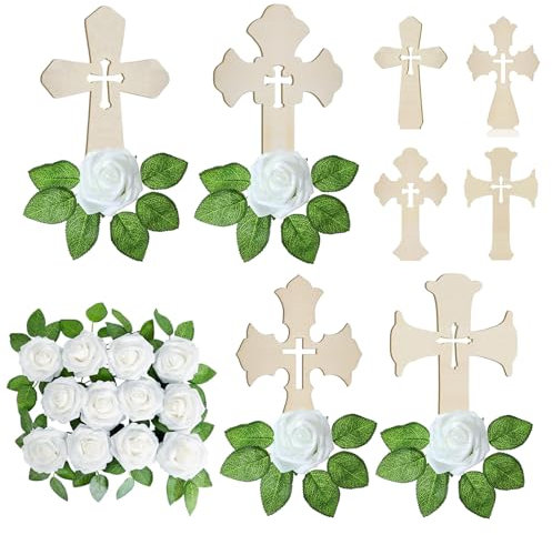 12 PCS Adorno de Cruz de Madera,con rosas blancas artificiales,Cruces de madera católica,adorno de cruz de madera sin terminar,cruz de madera comunion,pour baptême,communion,décoration de mesa