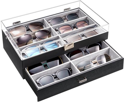 ProCase Porta Occhiali Multiplo 2 Strati, Scatola Porta Occhiali da Sole in Pelle 12 Slots, Occhiali Espositore Scatola Portaocchiali Organizer Occhiali per Donna Uom -Nero