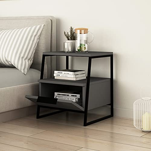 Hocuspicus Bedside Table with 1 Door and 1 Open Storage Space | Sofa Side Table | Metal Design Legs | Nightstand with Storage | Bedroom Furniture | Living Room | Office |40(D) x50(H) cm (Anthrazit)