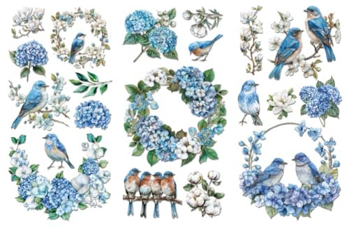 Peacoblue UV DTF Rub-On Transferfolie Möbel-Sticker Blauer Vogel mit Hortensie Muster 15x30cm, 3 Stk. Wasserfeste Deko-Transferaufkleber für Möbel Glas Porzellan Wäscheschränke Kommoden Kunststoff